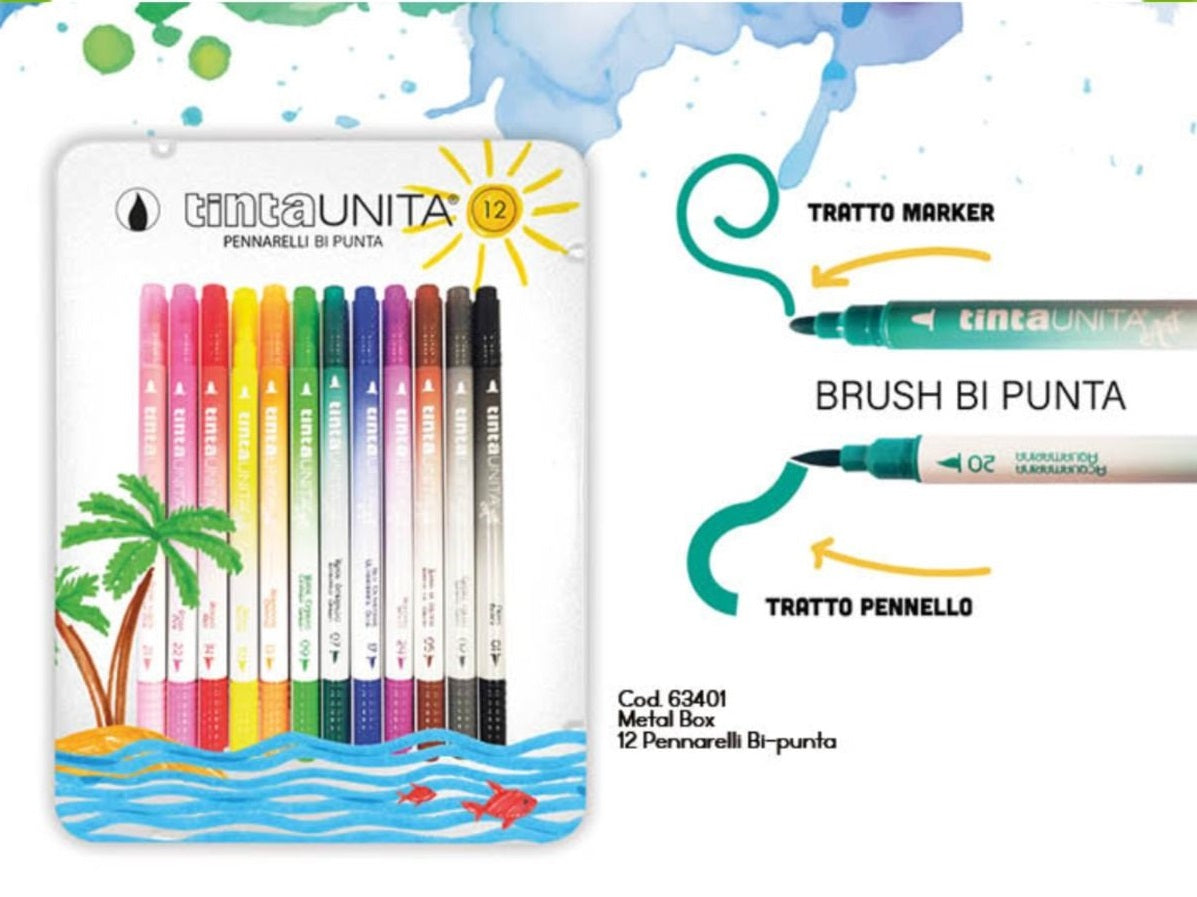 SET 12 PENNARELLI TINTA UNITA BRUSH DOPPIA PUNTA SCATOLA IN METALLO Immagine principale del prodotto