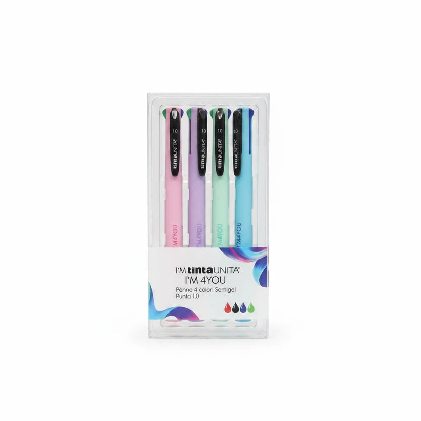 SET DI 4 PENNE A 4 COLORI SEMIGEL FASHION STYLE CON PUNTA 1.0 - TINTA UNITA