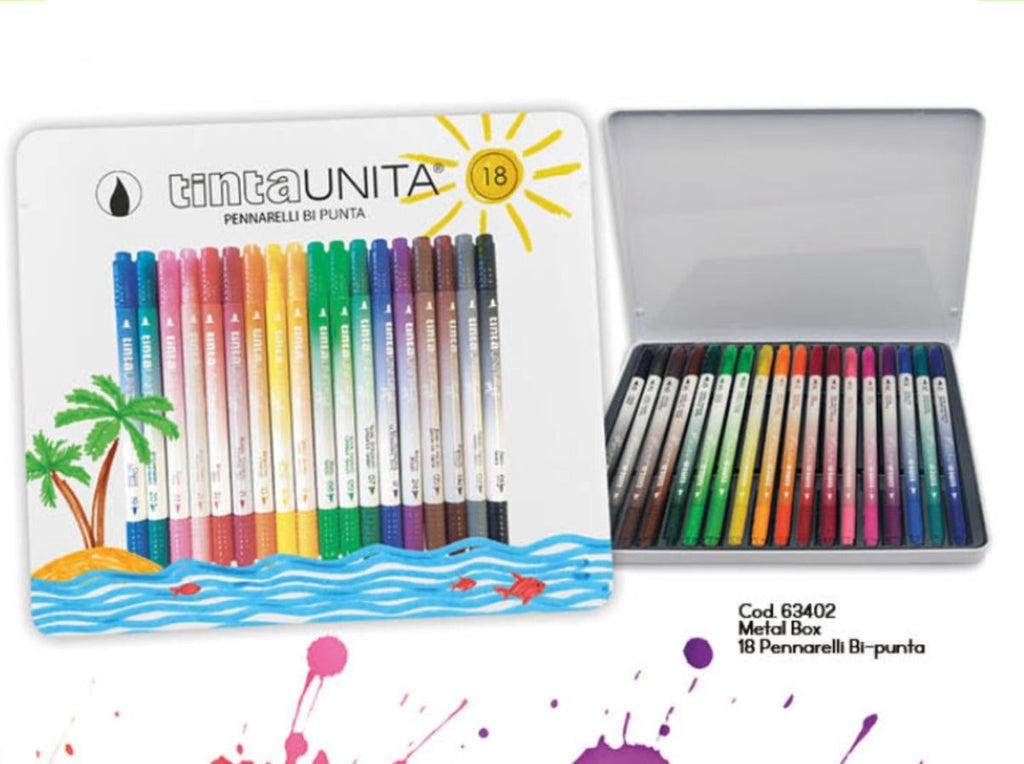SET 18 PENNARELLI BRUSH TINTA UNITA DOPPIA PUNTA SCATOLA IN METALLO
