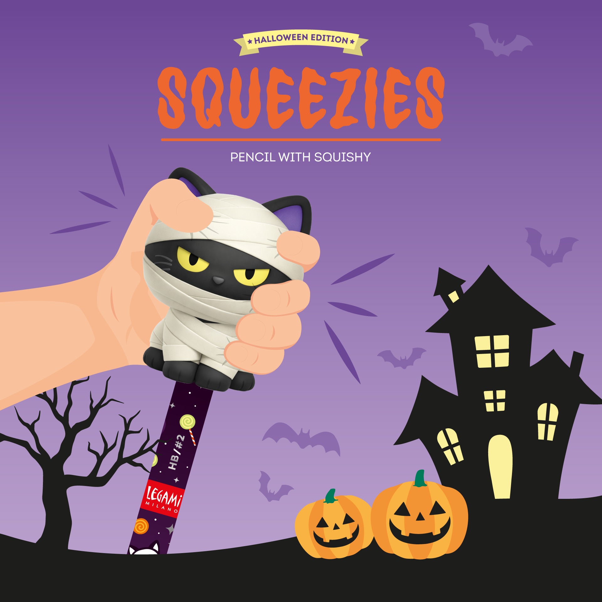LEGAMI MATITA ANTISTRESS  SQUEEZIES HALLOWEEN GATTINO MUMMIIA MINA HB Immagine secondaria del prodotto