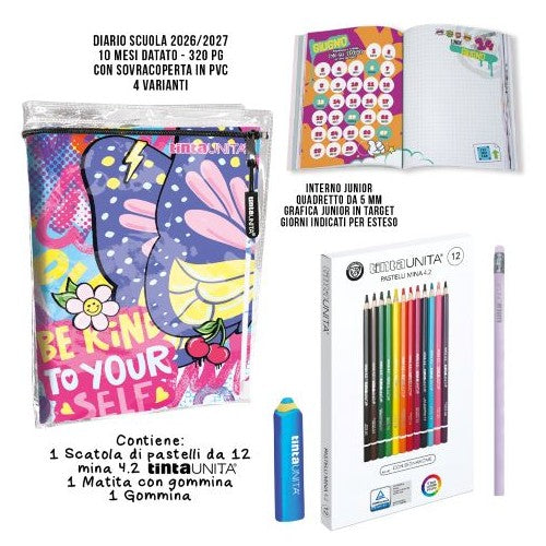 DIARIO SCUOLA FARFALLA TINTA UNITA YOUNG DATATO 2026-2027 CON ACCESSORI Immagine principale del prodotto